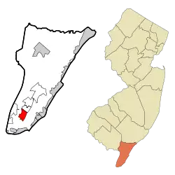 Map of Erma CDP in Cape May County. Inset: Location of Cape May County in New Jersey.
