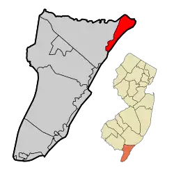 Location of Ocean City in Cape May County highlighted in red (left). Inset map: Location of Cape May County in New Jersey highlighted in orange (right).