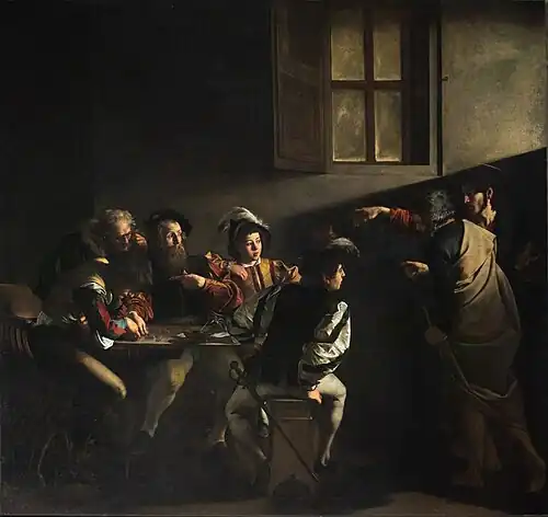 The Calling of St Matthew; by Caravaggio; c.1602–1604; oil on canvas; 3 x 2 m; San Luigi dei Francesi, Rome[105]