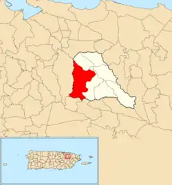 Location of Carraízo within the municipality of Trujillo Alto shown in red