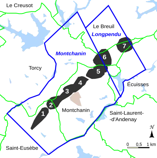Map showing mining works, municipal boundaries, and concessions.