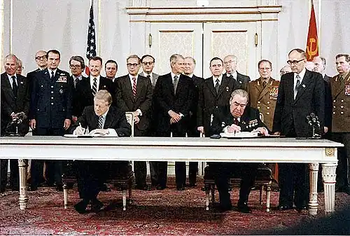 Image 15Soviet general secretary Leonid Brezhnev and US President Jimmy Carter sign the SALT II arms limitation treaty in Vienna on 18 June 1979. (from History of the Soviet Union)