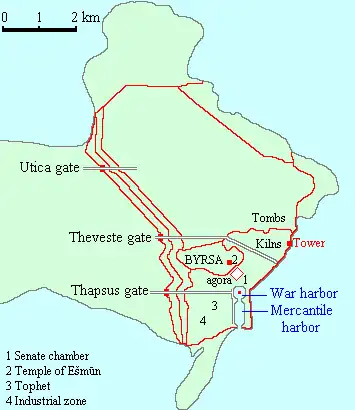 a map showing the defences of the city of Carthage