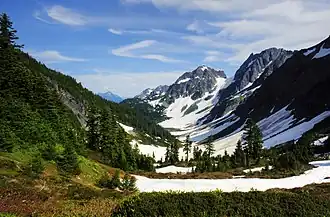 Pelton Peak and Pelton Basin from Cascade Pass in summer