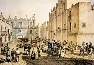 Plazuela de Guardiola in 1855 by Casimiro Castro. Museo Nacional de Arte.[13][14] Casa de los Azulejos is at center.