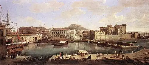 Veduta by Vanvitelli (1700–1710), with Castel Sant'Elmo on the hill and Castel Nuovo on the shore (right).