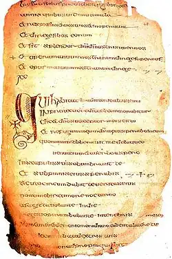 "Diminuendo" effect in the first letters after this initial from the Cathach of St. Columba (Irish, 7th century)