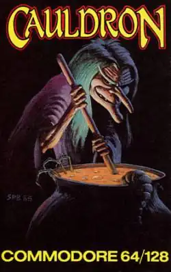 Artwork of a vertical rectangular box. The top portion reads "Cauldron" and the bottom portion reads "Commodore 64/128". Depicted behind a black background is a witch with long green hair and a long pointed nose. The witch uses a stick to stir a liquid in a black cauldron.