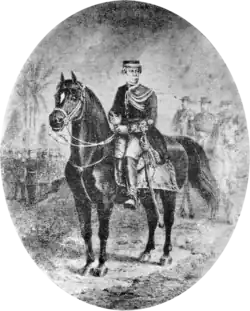 Drawing depicting a figure in military dress uniform and kepi mounted on a black horse with marching and mounted figures in the background
