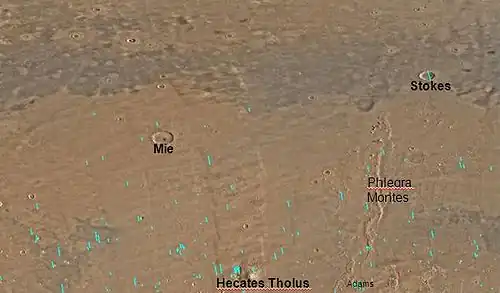 Map of Cebrenia. Viking 2 landed near Mie crater. The volcano Hecates probably has glaciers on its slopes.
