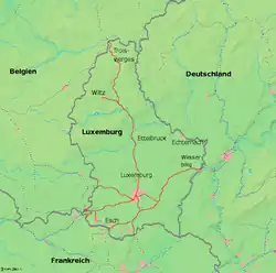 Map of current railways in Luxembourg: Troisvierges near northern frontier with Belgium