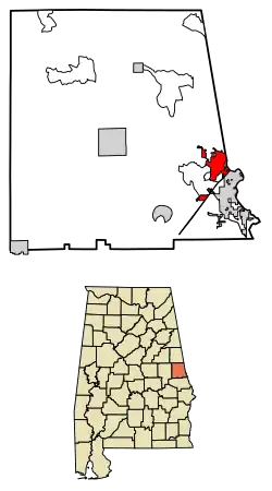 Location of Lanett in Chambers County, Alabama.