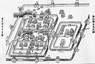 A black and white drawing of two large walled palaces enclosed by a larger wall