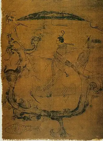 Image 70Silk painting depicting a man riding a dragon, painting on silk, dated to 5th–3rd century BC, Warring States period, from Zidanku Tomb no. 1 in Changsha, Hunan Province (from History of painting)