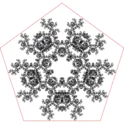 A point inside a pentagon repeatedly jumps half of the distance towards a randomly chosen vertex, but the currently chosen vertex cannot be the same as the previously chosen vertex.