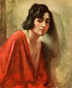 A painted portrait of a young woman with dark hair wearing a red tunic