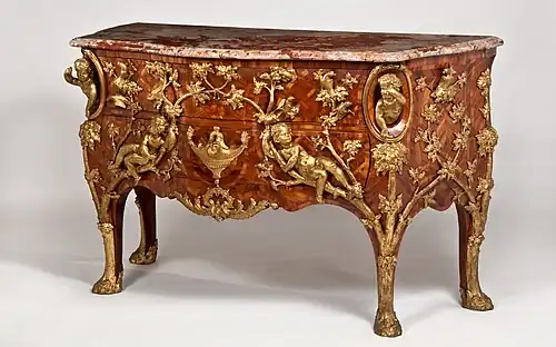 Chest of drawers; by Charles Cressent; c.1730; various wood types; gilt-bronze mounts and a Brèche d'Aleps marble top; height: 91.1 cm; Waddesdon Manor, Waddesdon, UK