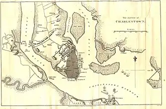 Charleston map showing the distribution of British forces during the siege