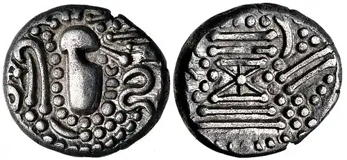 A Chaulukya-Paramara coin, circa 950–1050 CE. Stylized rendition of Chavda dynasty coins: Indo-Sassanian style bust right; pellets and ornaments around / Stylised fire altar; pellets around.[72]