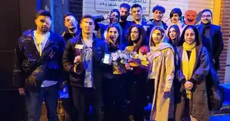 Left to right, standing together with flowers Amir Velayati, Hossein Noori, Ali Zare, Kosar Eftekhari, Kimia Zand, Mohammad Farzi and Elaheh Tavakolian.