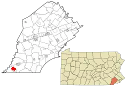Location of Nottingham in Chester County, Pennsylvania (left) and of Chester County in Pennsylvania (right)