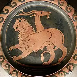 Goat-lion chimera on a red-figure plate, c. 350–340 BC