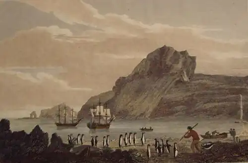 Christmas Harbour, Kerguelens Land, 1811, by the English engraver George Cooke;[8] the location is now known as Port-Christmas