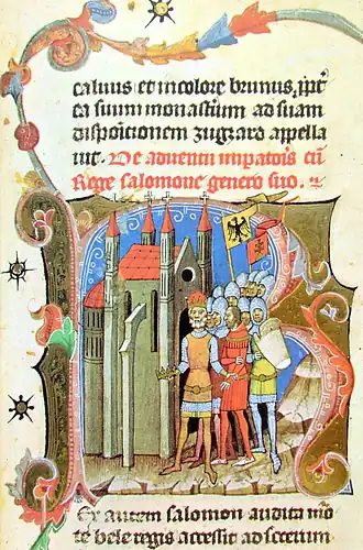 Chronicon Pictum, Hungarian, Hungary, King Solomon, Holy Roman German Emperor Henry IV, cathedral, church, basilica, flag, German eagle flag, Hungarian double cross flag, armored, knights, army, soldiers, medieval, chronicle, book, illumination, illustration, history