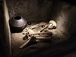 A skeleton, lying on its side, in a small tomb; metal vessels and sword/dagger blades can be seen around it.