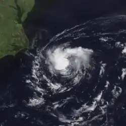 A photograph of a tropical storm off the Outer Banks of North Carolina