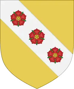 Riedenburg: Or, on a bend argent three roses gules