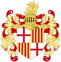 Barcelona coat of arms (17th-18th Centuries) with the Royal Winged Dragon (Vibra) crown and the helmet