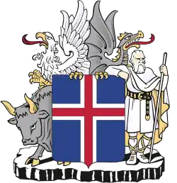 A compartment of columnar basalt in the Icelandic coat of arms.