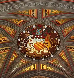 Painted coat of arms of Manchester on the vestibule lierne vault beneath the main tower, Manchester Town Hall, the work of Robert Pollitt