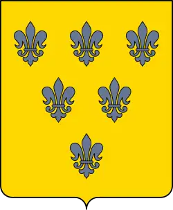 On a yellow shield shape sit six blue fleurs-de-lis in a triangular formation whose tip points downwards.