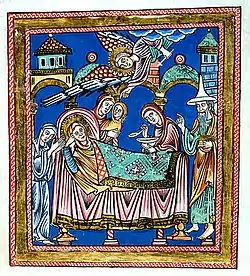 twelfth-century German Nativity of Mary with Mary's father Joachim wearing the hat