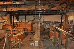 Interior view of the machinery on the first floor. The "Great Spur Wheel" is an iron gear-wheel arranged horizontally on a vertical spindle, which spindle passes through the floor and is driven from below by the mill. on either side are millstones, set in a wooden drum-shaped housing. They are driven by vertical iron shafts which, at the top, have a small gear mating with the great spur wheel. The drive is thereby geared up to a much higher speed than the main vertical shaft from the wheel The floor is bare planks, the walls and apparatus are a golden coloured pale wood, and there is ancient whitewash on the walls. The metal parts of the mechanism are painted a gloss black.