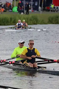 Colin Barratt racing in a Fluidesign double scull in the bow at the 2025 British Rowing Masters Championships, Holme Pierrepont