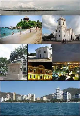 Top: Panorama of the Cienaga Grande de Santa Marta, 2nd left: Mirador in Cabo San Juan del Guia, Tayrona Natural Park, 2nd right: Santa Marta Cathedral, 3rd left: Statue of Simon Bolívar in Quinta of Saint Pedro Alejandrino, 3rd upper middle: Colombian National Pantheon in Barrio Mamatoco, 3rd lower middle: Santa Marta City Hall, 3rd right: Santa Marta by night, Bottom: Panorama of Acuático El Rodadero Park