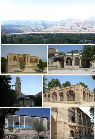 Landmarks of Ordubad, from top left: Panorama view of Ordubad and mountain range area • Juma Mosque Huseyinuh Mosque • Dirnis Mosque Geysarriya Monument • Ambaras Mosque Sarshahar Mosque