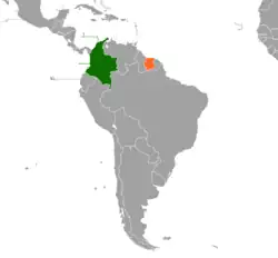 Map indicating locations of Colombia and Suriname