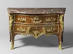 Rococo commode; 1730–1745; spruce, oak, violet, rosewood, coniferous, gilt-bronze ornaments, copper, and marble; height: 82 cm; Rijksmuseum (Amsterdam, the Netherlands)