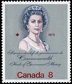 Queen Elizabeth II on a Canadian postage stamp commemorating the 1973 CHOGM
