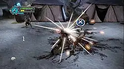 Graphical representations of two men engage in combat. The clash of their swords against each other produces a large spark, and a blue circle, which is marked with a white "X". Another man, armed with a bow, is shown standing in the background. Coloured gauges are at the top left.