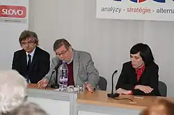 Conference for the 110th anniversary of the birth of Slovak poet and politician Ladislav Novomeský. Rector of Comenius University RNDr. Karol Mičieta, CSc., philosopher prof. PhDr. Dalimír Hajko, DrSc. and organizer Lukáš Perný