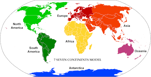 A map showing various different definitions of the Earth's continents, ranging from seven to five