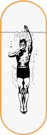 A black and white image of a man diving feet first into water, wearing belted black trunks, and holding his nose with his right hand while his left hand is raised above his head to protrude from the water.