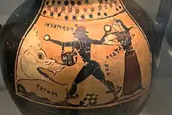 Perseus defends Andromeda from the monster Cetus by pelting it with stones. Corinthian amphora, 575–550 BC