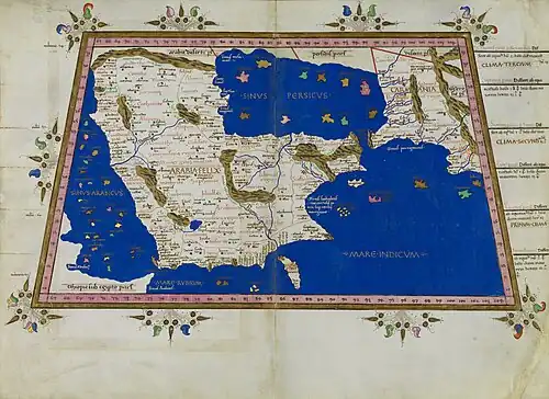 Map VI from Ptolemy's "Cosmographia" showing Sinus Persicus (Persian Gulf) and Sinus Arabicus (Red Sea), reconstruction from 1467