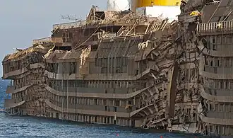 Starboard side of the righted Costa Concordia, showing crush damage from the rock spurs upon which she had rested